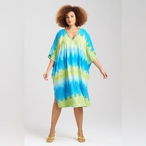 NATORI Tahiti Kaftan Women’s M Blue Green V-Neck Flutter Sleeve